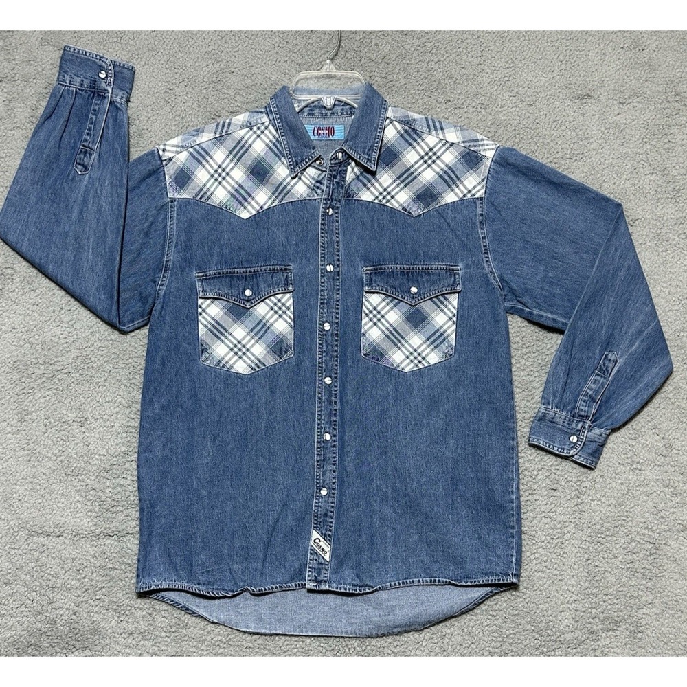 Vintage Cosmo Denim Shirt Mens‎ L Patches Chore Ranch Classic Western Rare Rodeo
